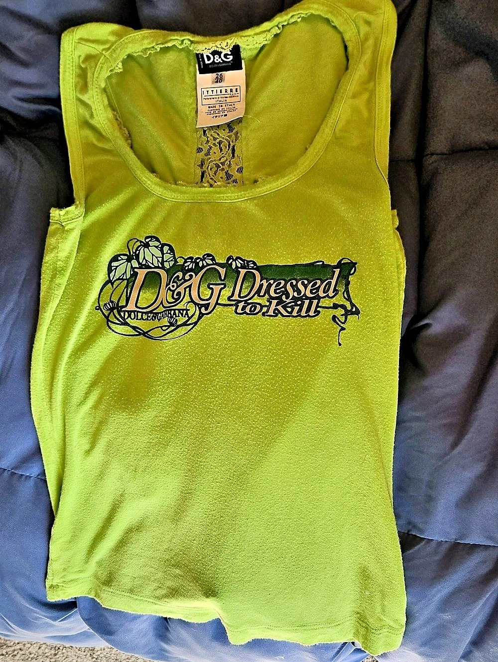 Vtg D&G Dolce & Gabbana Y2K Green "Dressed To Kill" Lace Tank Top 38 / XS